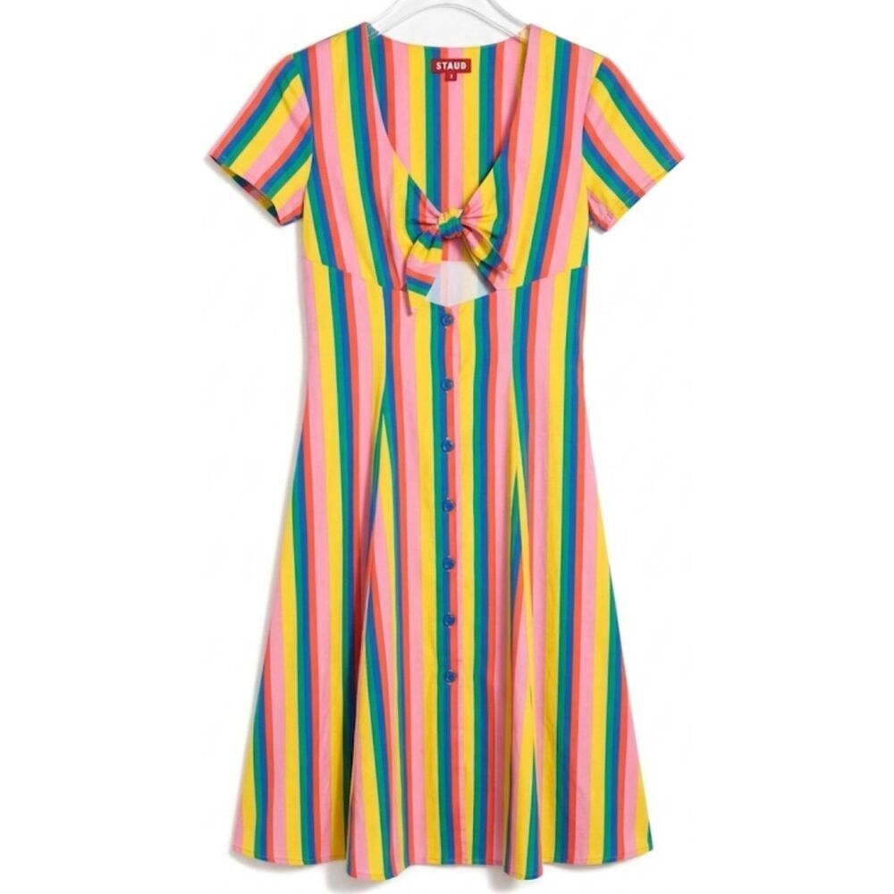 Staud womens small midi dress yellow pink rainbow stripe sun dress